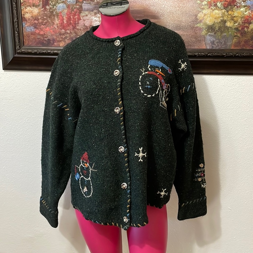 Woolrich Pure New WOOL Button Christmas Snowmen Sweater Tree Snowflakes Cardigan